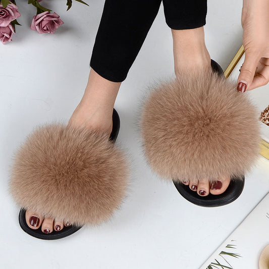 Women Summer Casual Fluffy Slippers With Fur Flat Non-Slip Real Fox Fur Furry Slides Large Size Shoes Fur Sandals Free Shipping