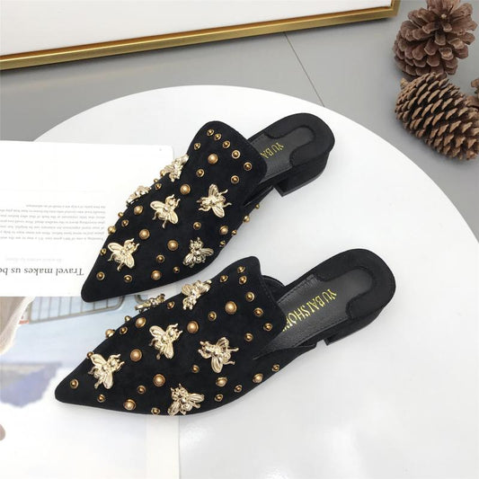 Summer Shoes Women Pointed Toe Mules Slippers  Fashion Rivet Bee Casual Shoes Half Slipper for Women Mules Summer Thick Heel