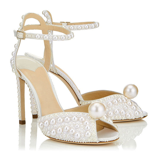 Summer sweet beige pearl hollow fish mouth fine high-heeled bridal wedding shoes large size banquet dress female sandals