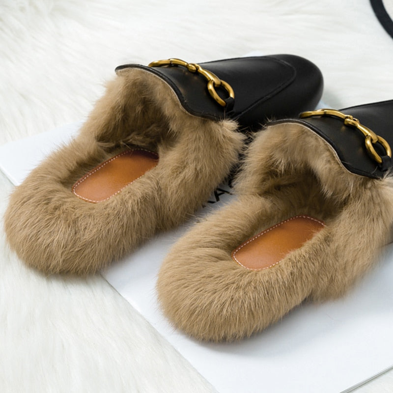 xiangtuibao  Fur Slides Muller Shoes  New Women's Fluffy Slippers Outerwear Rabbit Fur Toe Cap Half Slippers Lazy Flats furry slides