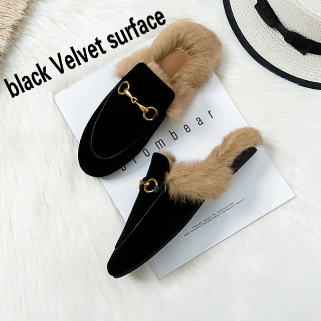 xiangtuibao  Fur Slides Muller Shoes  New Women's Fluffy Slippers Outerwear Rabbit Fur Toe Cap Half Slippers Lazy Flats furry slides