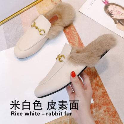 xiangtuibao  Fur Slides Muller Shoes  New Women's Fluffy Slippers Outerwear Rabbit Fur Toe Cap Half Slippers Lazy Flats furry slides