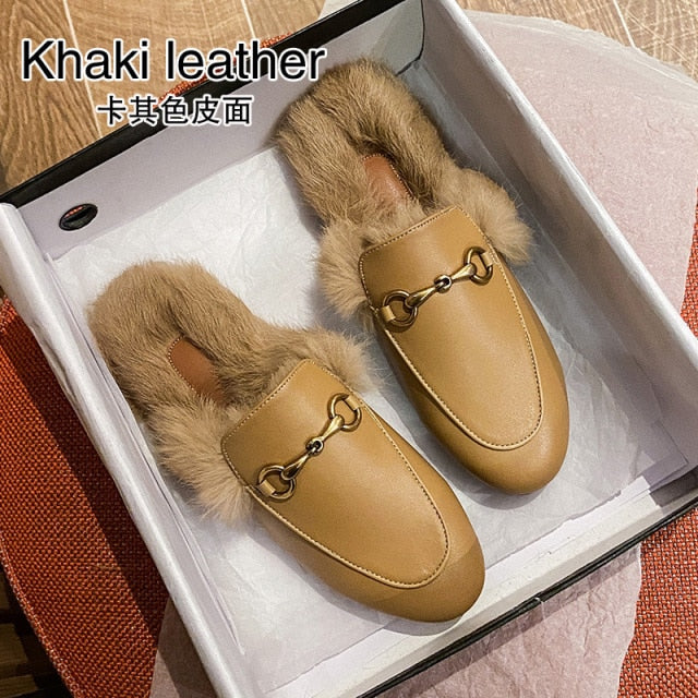 xiangtuibao  Fur Slides Muller Shoes  New Women's Fluffy Slippers Outerwear Rabbit Fur Toe Cap Half Slippers Lazy Flats furry slides