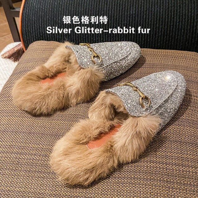 xiangtuibao  Fur Slides Muller Shoes  New Women's Fluffy Slippers Outerwear Rabbit Fur Toe Cap Half Slippers Lazy Flats furry slides