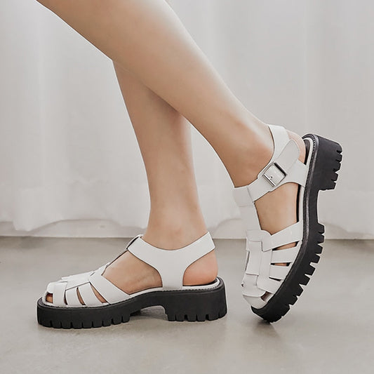 Meotina Platform Wedges Sandals Real Leather Mid Heel Shoes T-Strap Round Toe Female Footwear Buckle Sandals Summer Black New