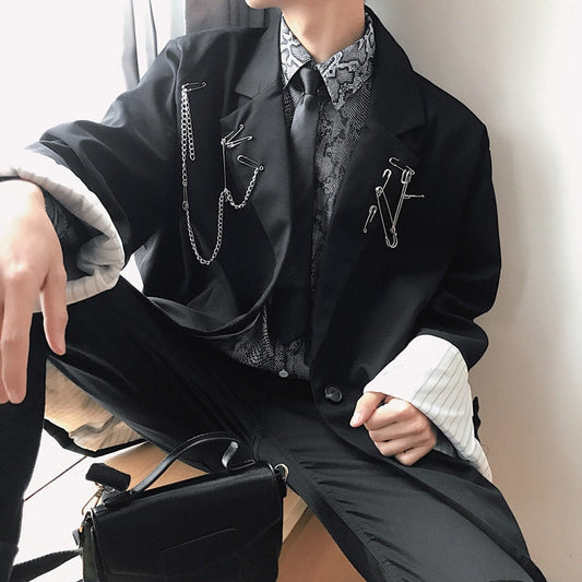 Men Pin Metal Chain Streetwear Hip Hop Punk Gothic Loose Black Blazers Coat Youth Male Casual Suit Jacket