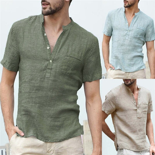 xiangtuibao Men's Flax Linen T-Shirt Casual V-Neck Button Down T-Shirts Slim Fit Cotton Linen Short Sleeve Basic Top Male Breathable
