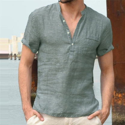 xiangtuibao Men's Flax Linen T-Shirt Casual V-Neck Button Down T-Shirts Slim Fit Cotton Linen Short Sleeve Basic Top Male Breathable