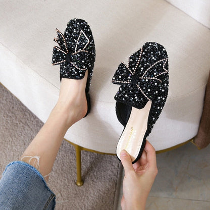 Slippers Women's Summer Wear  New Flat Bow Muller Shoes Large Size 41-43 Baotou Half Drag Fashion Rhinestone Lazy Shoes