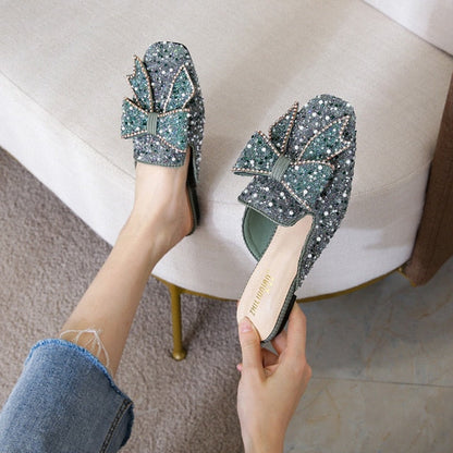 Slippers Women's Summer Wear  New Flat Bow Muller Shoes Large Size 41-43 Baotou Half Drag Fashion Rhinestone Lazy Shoes