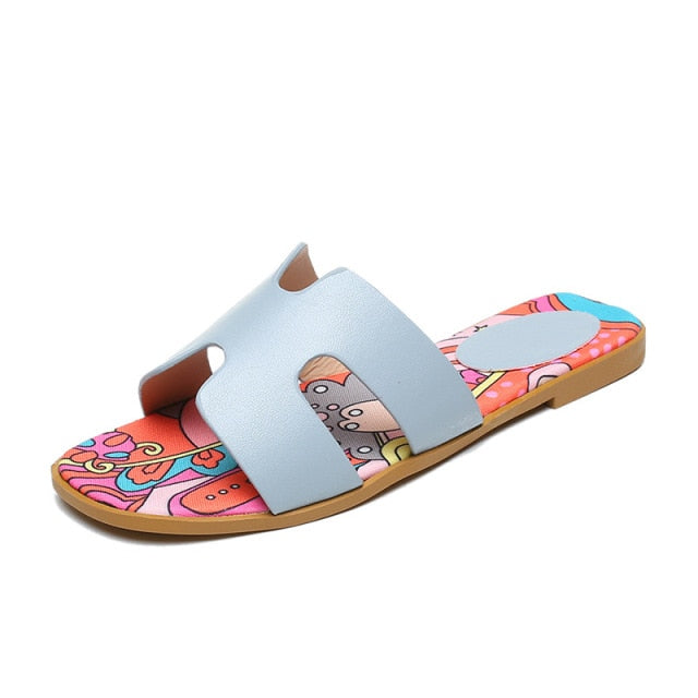 xiangtuibao   New PU Leather Slippers Women Shoes Fashion Brand Flat Sandals Casual Summer Flip Flops H-shaped Slides Ladies 34-43