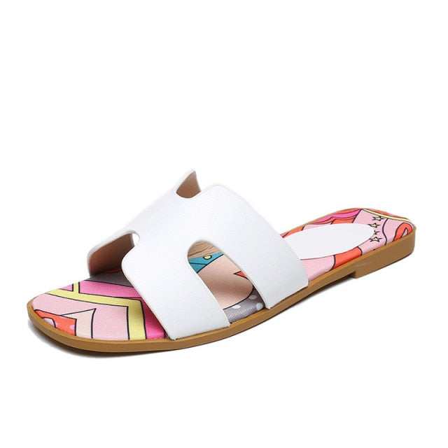 xiangtuibao   New PU Leather Slippers Women Shoes Fashion Brand Flat Sandals Casual Summer Flip Flops H-shaped Slides Ladies 34-43