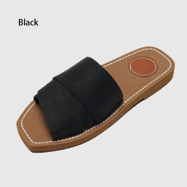 Canvas Slides Women Summer Beach Shoes Slippers Cross Bands Flats Mules Sandals Chic Luxury Brand New  Designer Woman Shoes