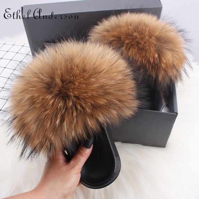 xiangtuibao Real Fox Raccoon Fur Slippers for Women Fur Slides Flip Flops Beach Plush Fluffy Furry Designer Slippers Sandal