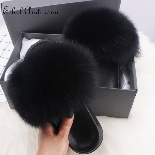 xiangtuibao Real Fox Raccoon Fur Slippers for Women Fur Slides Flip Flops Beach Plush Fluffy Furry Designer Slippers Sandal