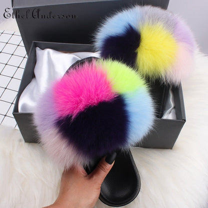 xiangtuibao Real Fox Raccoon Fur Slippers for Women Fur Slides Flip Flops Beach Plush Fluffy Furry Designer Slippers Sandal