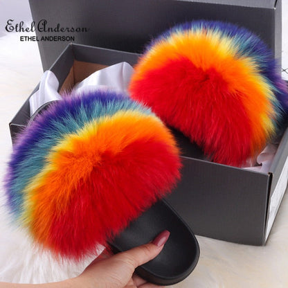 xiangtuibao Real Fox Raccoon Fur Slippers for Women Fur Slides Flip Flops Beach Plush Fluffy Furry Designer Slippers Sandal