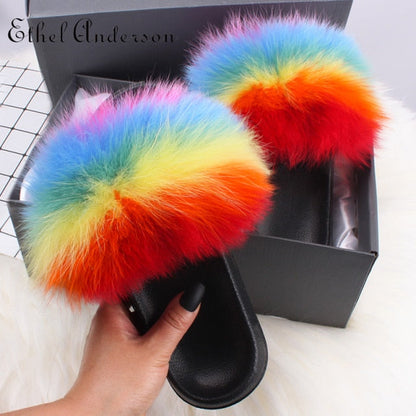 xiangtuibao Real Fox Raccoon Fur Slippers for Women Fur Slides Flip Flops Beach Plush Fluffy Furry Designer Slippers Sandal