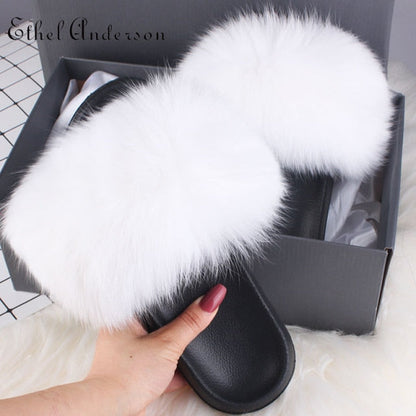 xiangtuibao Real Fox Raccoon Fur Slippers for Women Fur Slides Flip Flops Beach Plush Fluffy Furry Designer Slippers Sandal