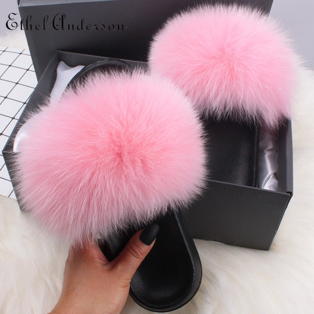 xiangtuibao Real Fox Raccoon Fur Slippers for Women Fur Slides Flip Flops Beach Plush Fluffy Furry Designer Slippers Sandal