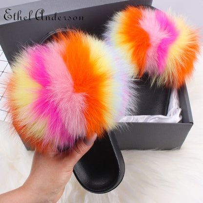 xiangtuibao Real Fox Raccoon Fur Slippers for Women Fur Slides Flip Flops Beach Plush Fluffy Furry Designer Slippers Sandal