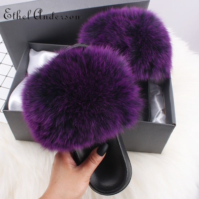 xiangtuibao Real Fox Raccoon Fur Slippers for Women Fur Slides Flip Flops Beach Plush Fluffy Furry Designer Slippers Sandal