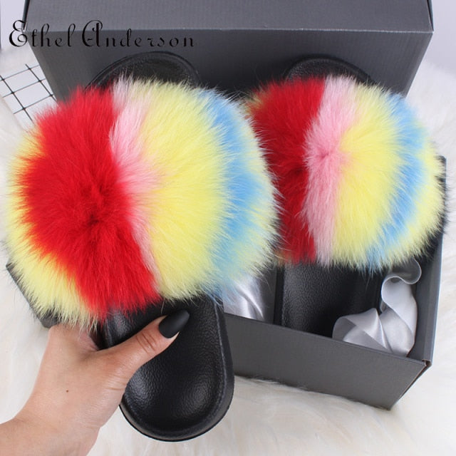 xiangtuibao Real Fox Raccoon Fur Slippers for Women Fur Slides Flip Flops Beach Plush Fluffy Furry Designer Slippers Sandal