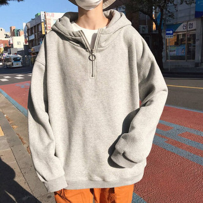 xiangtuibao Half-zip Solid Color Hoodies Men Plus Velvet Hip Hop Casual Pullover Hooded Men's Sweatshirts Streetwear Fashion Tops