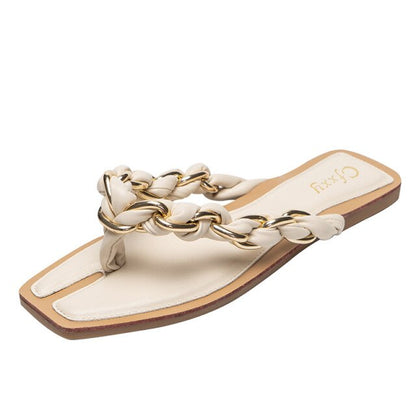 Women's Flip Flops European American New Style Women's Chain  Square Head Color Matching Pinch Flat Beach Sandals Woman Shoes