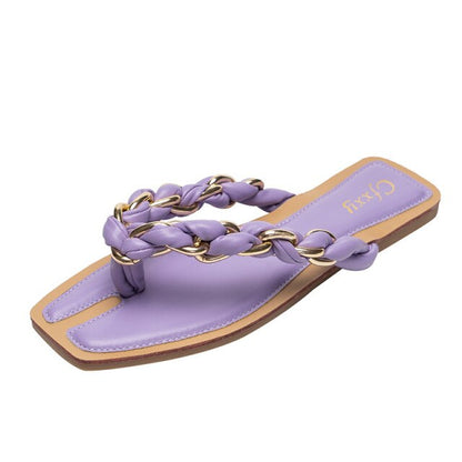 Women's Flip Flops European American New Style Women's Chain  Square Head Color Matching Pinch Flat Beach Sandals Woman Shoes