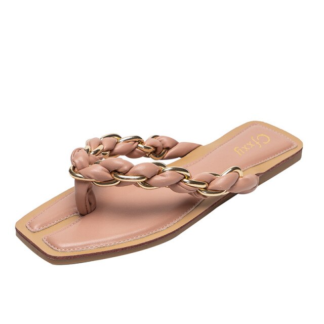 Women's Flip Flops European American New Style Women's Chain  Square Head Color Matching Pinch Flat Beach Sandals Woman Shoes