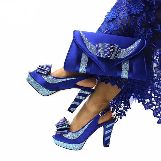 xiangtuibao  Spring New Arrivals Slingbacks Sandals with Platform in Royal Blue Color High Quality African Women Shoes and Bag Set