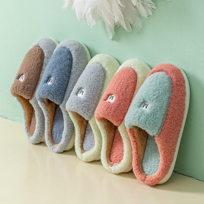 New Winter Cotton Slippers Women Winter Home Color Matching Fluffy Soft Warm And Comfortable Short Plush Flat Cotton Slippers