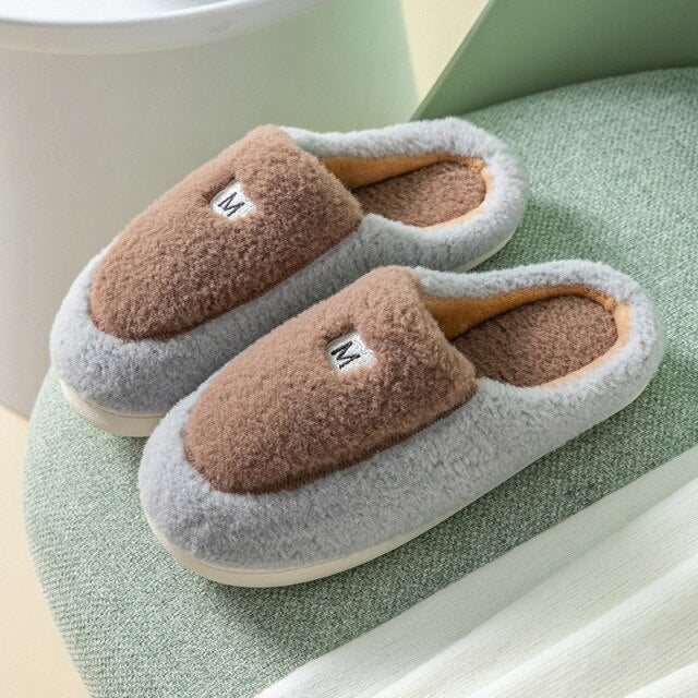 New Winter Cotton Slippers Women Winter Home Color Matching Fluffy Soft Warm And Comfortable Short Plush Flat Cotton Slippers