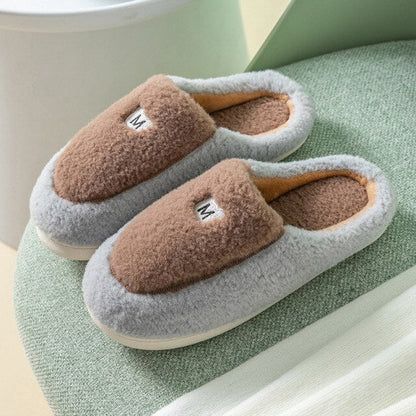 New Winter Cotton Slippers Women Winter Home Color Matching Fluffy Soft Warm And Comfortable Short Plush Flat Cotton Slippers