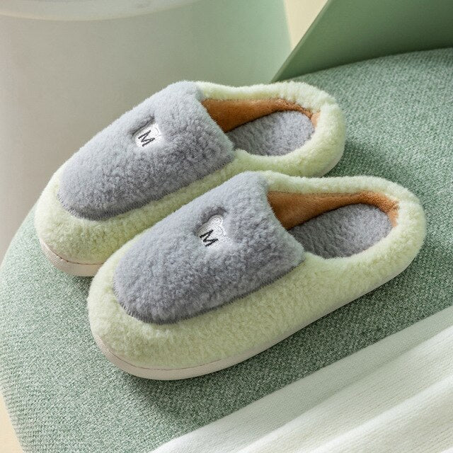 New Winter Cotton Slippers Women Winter Home Color Matching Fluffy Soft Warm And Comfortable Short Plush Flat Cotton Slippers