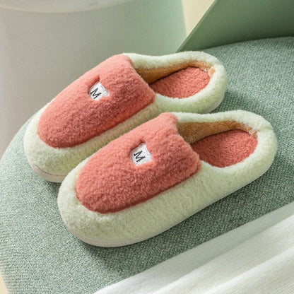 New Winter Cotton Slippers Women Winter Home Color Matching Fluffy Soft Warm And Comfortable Short Plush Flat Cotton Slippers