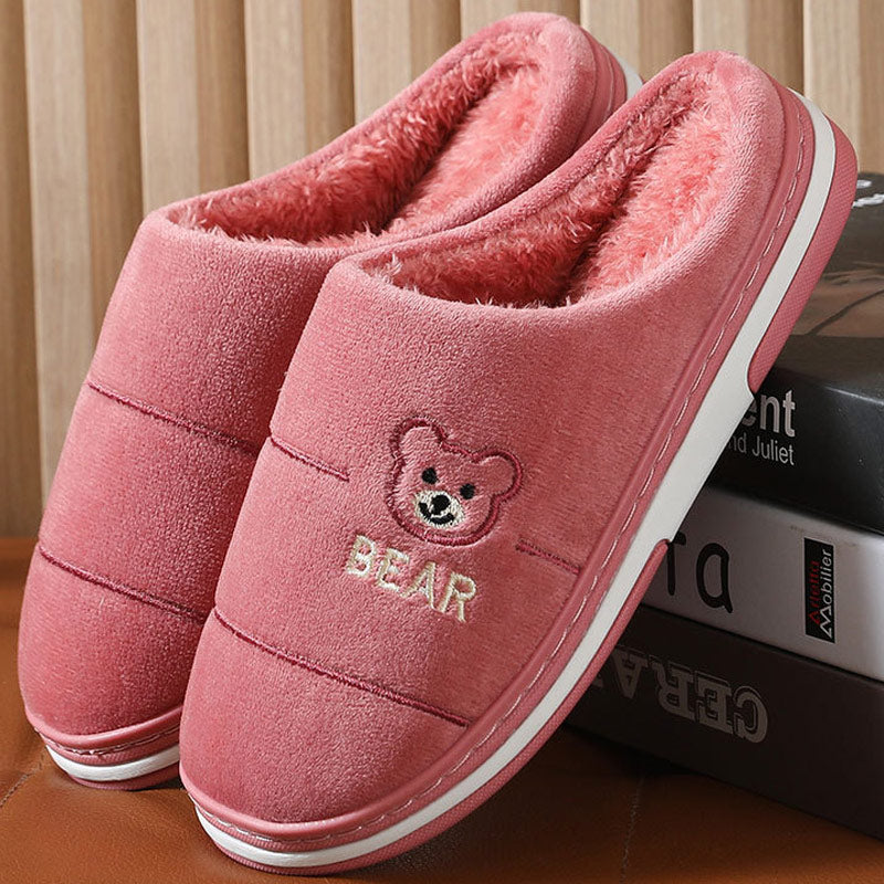 Ladies Winter Home Cotton Slippers Ladies Cute Embroidery Bear Warm Floor Shoes Indoor Bedroom Footwear  Short Plush Shoe