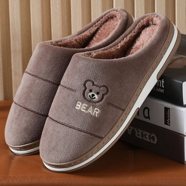 Ladies Winter Home Cotton Slippers Ladies Cute Embroidery Bear Warm Floor Shoes Indoor Bedroom Footwear  Short Plush Shoe