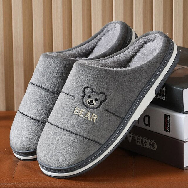 Ladies Winter Home Cotton Slippers Ladies Cute Embroidery Bear Warm Floor Shoes Indoor Bedroom Footwear  Short Plush Shoe