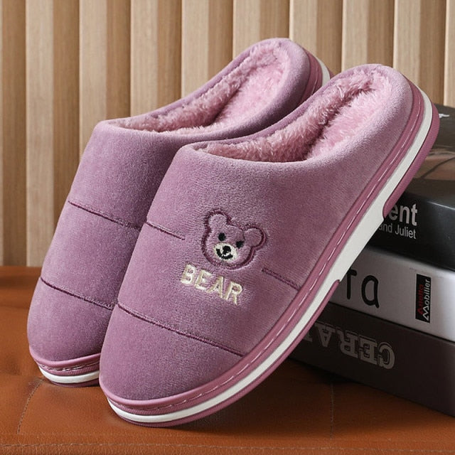 Ladies Winter Home Cotton Slippers Ladies Cute Embroidery Bear Warm Floor Shoes Indoor Bedroom Footwear  Short Plush Shoe