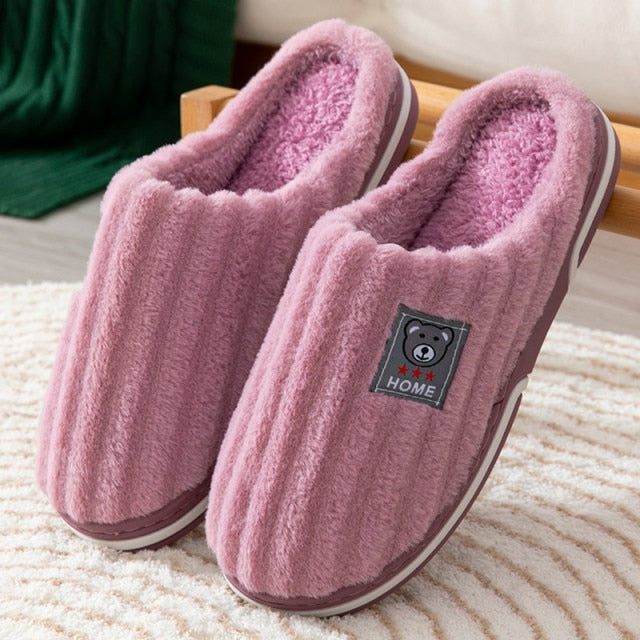 Ladies Winter Home Cotton Slippers Ladies Cute Embroidery Bear Warm Floor Shoes Indoor Bedroom Footwear  Short Plush Shoe