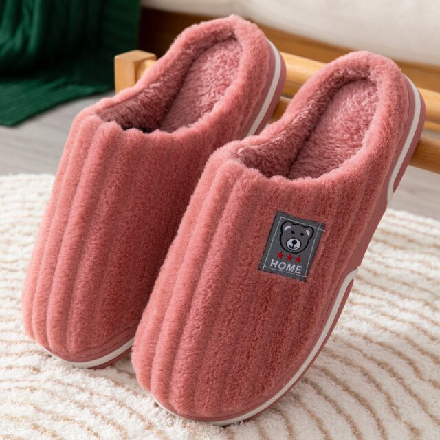 Ladies Winter Home Cotton Slippers Ladies Cute Embroidery Bear Warm Floor Shoes Indoor Bedroom Footwear  Short Plush Shoe