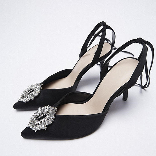 Summer New Women's Black shoes Rhinestone Pointed Toe Ankle strapp Wedding shoes High Heel Sandals for Women