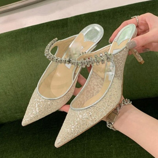 xiangtuibao   New Women's Rhinestone Chain Closed Toe Half Slippers Pointed Sandals for Women