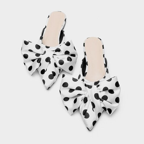 Summer New Pointed Toe Baotou Half Slippers Polka Dot Bow Flat Heel Slipper