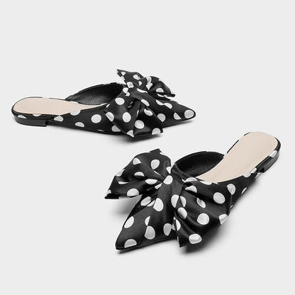 Summer New Pointed Toe Baotou Half Slippers Polka Dot Bow Flat Heel Slipper