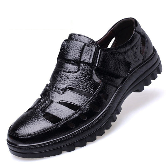 xiangtuibao Summer Men Casual Shoes Hollow High Quality Leather Man Flats Breathable Hook & Loop Male Footwear Sandals For Middle-aged