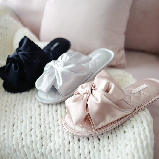 Satins Silk Bow Peep Toe Home Slippers Women  New Fashion Sandals Korea Slip on Shoes Women Bedroom Slippers Flip Flops