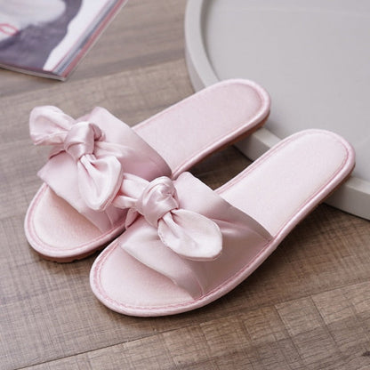 New Style Women's Satin Slippers Home Warm Slippers with Bowknot Indoor Non-slip Slippers for Four Seasons Wedding Festive Shoes